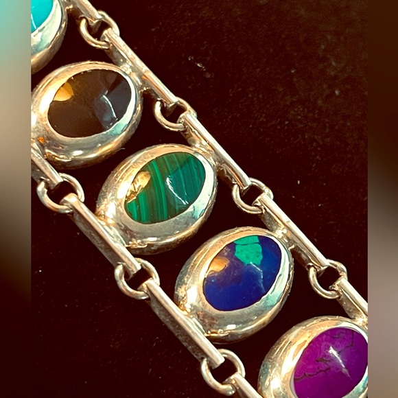 Beautiful 950 Fine Silver Mexico Multi Stone Inlay Link 7.5” Bracelet - Picture 3 of 10
